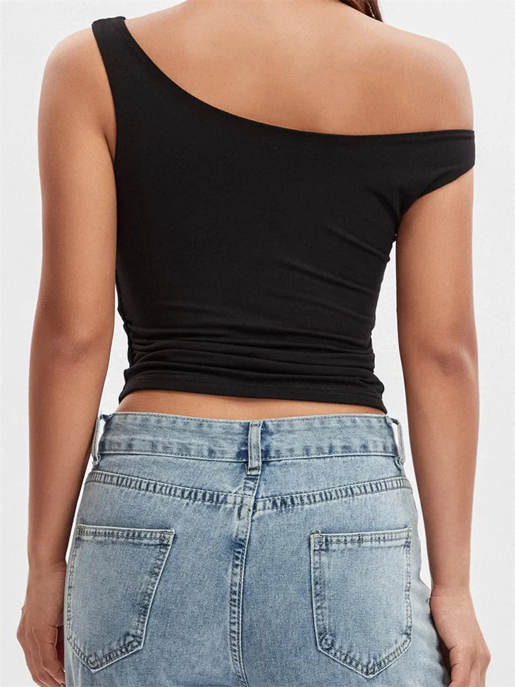 Women Summer Asymmetrical Hem Solid Color Off Shoulder Ruched Slim Cropped Mini Vest Streetwear 2024 Crop Top