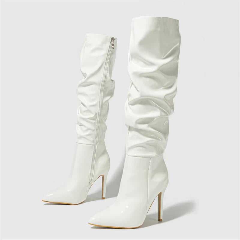 Fashion Patent Leather Pointed Toe Thin Heels Zipper Long Knee High Boots