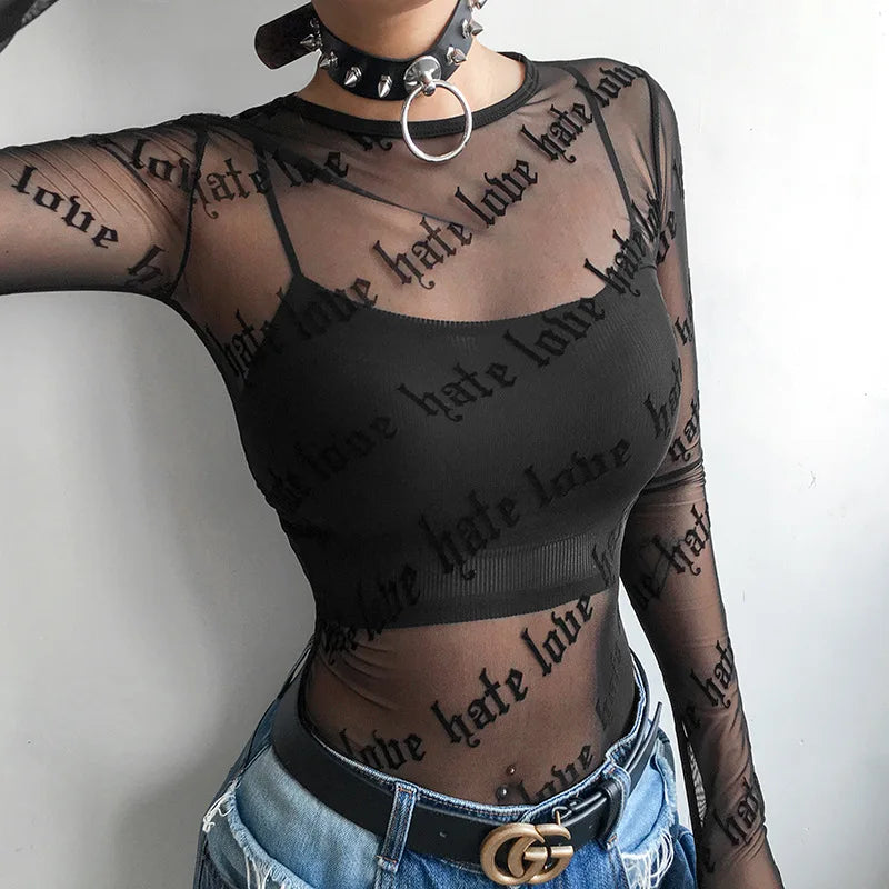 Letter Print Perspective Sheer Top