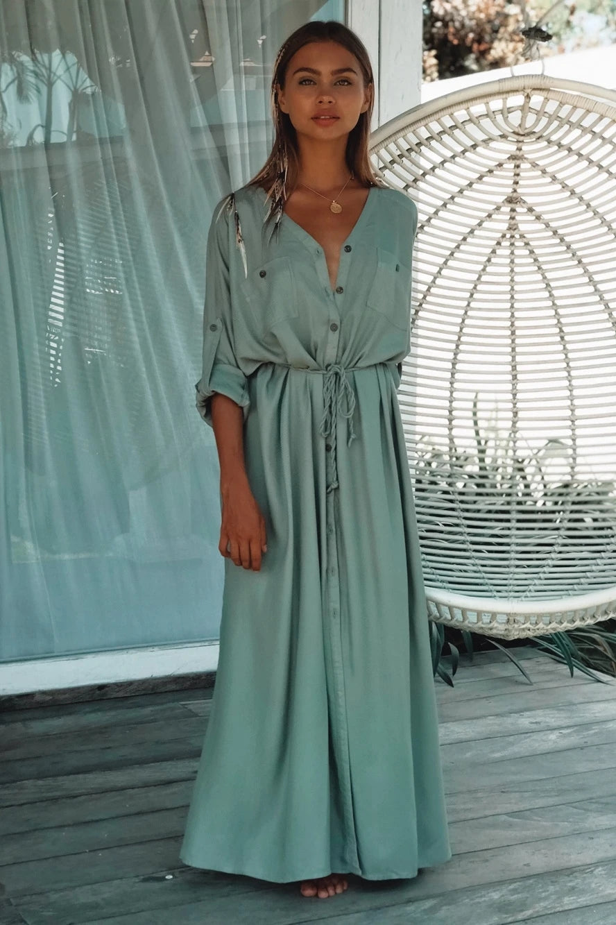 DressBetty - Button Pockets Front Open Self Belted High Waist Summer Dress