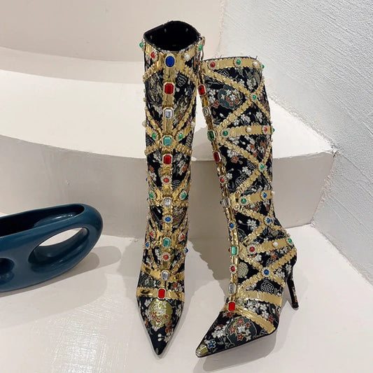 Runway Fashion Color Gem Knee High Handwork Pointed Toe High Heel