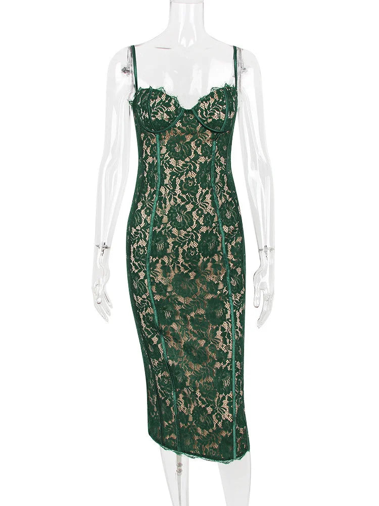 DressBetty - 2024 Spaghetti Strap Lace Green Floral Dress