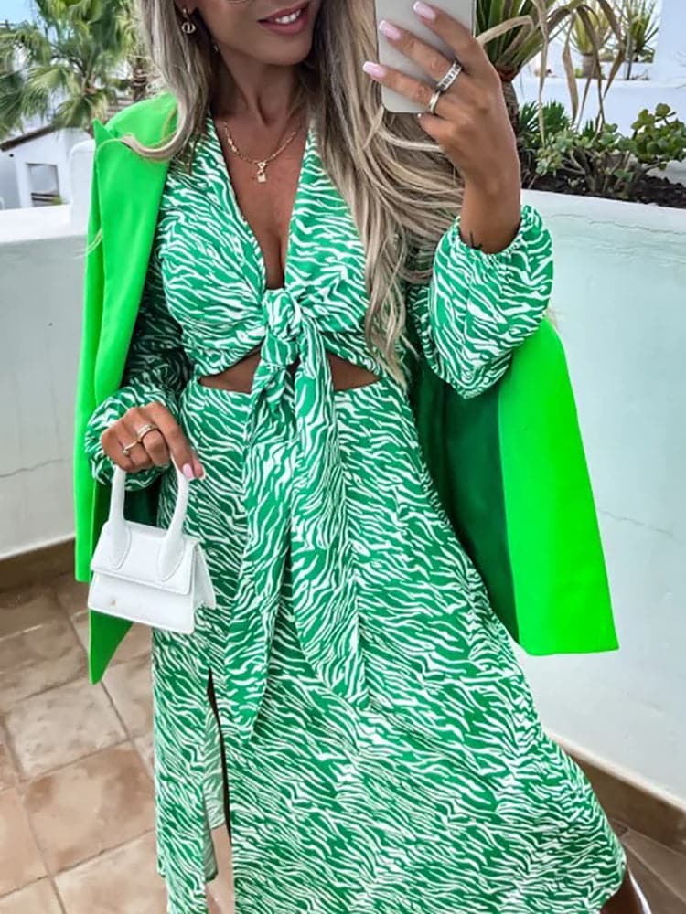 DressBetty - New Spring Long Sleeve Print Lace Up Dress