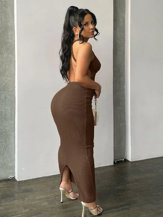 Ribbed Hollow Backless Sleeveless Slit Mini Elegant Y2K Midi Dresses