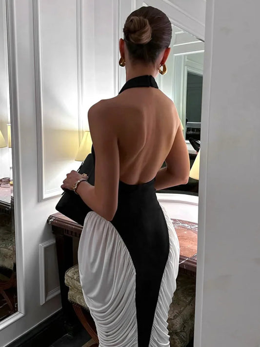 Patchwork Halter Backless Midi Dress