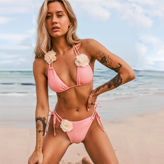 3D Floral Halter Bikini Set