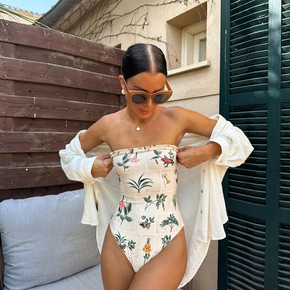 Floral Lace-Up Push-Up One Piece Swimwear