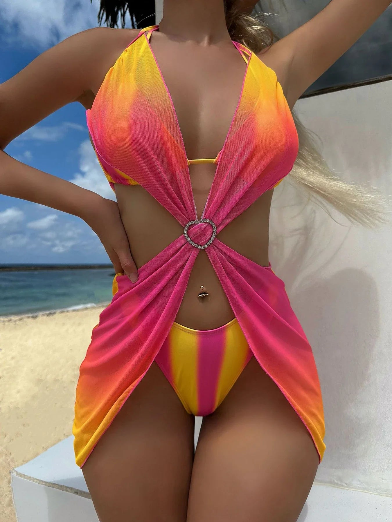 Gradient Mesh Skirt Summer Three Piece Swim Sets