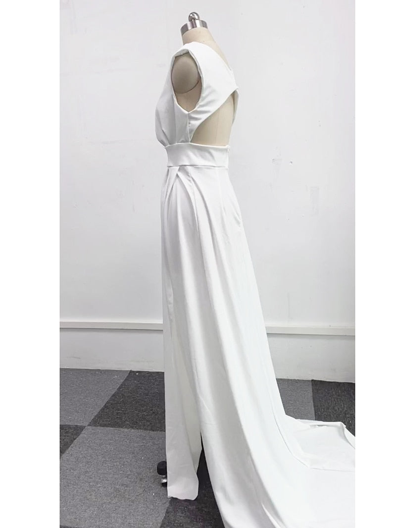 DressBetty - Elegant Casual Women's Dresses V-neck Side Slit Backless White Long Skirt Wedding