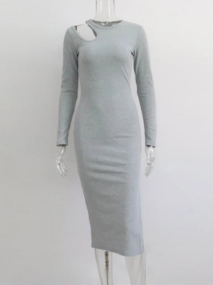 Cut Out Elegant O-neck Long Solid Casual Midi Dresses
