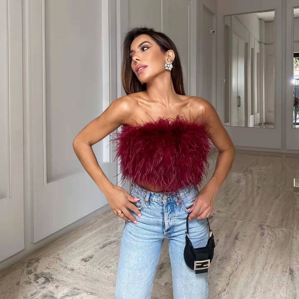 DressBetty - Faux Ostrich Feather Soft Fur Tank Short Vest Colorful Backless Nightclub Tube Top