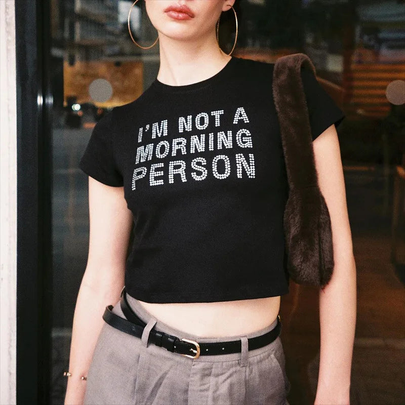 Rhinestone Letter Print Grunge Crop Top