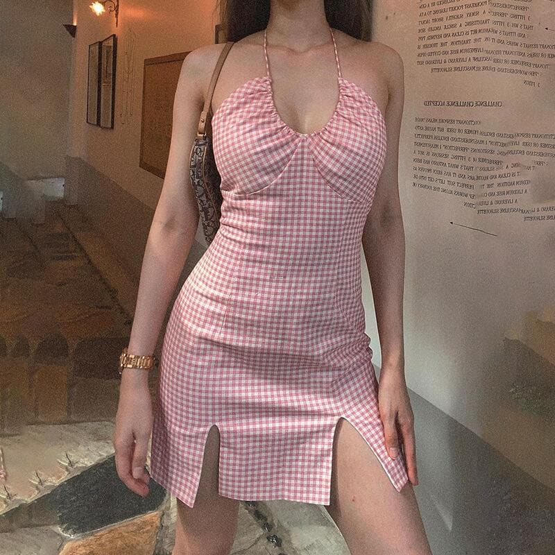 DressBetty - Summer Backless Plaid Dress