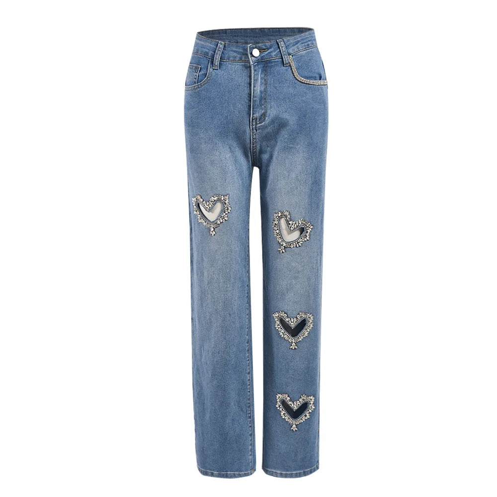 Women Straight Heart Diamond Hollow Out Pockets Vintage Denim Casual Y2K Harajuku Fashion Jeans