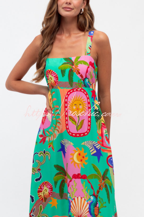 Unique Print Square Neck Spaghetti Strap Back Pleated Casual Maxi Dress
