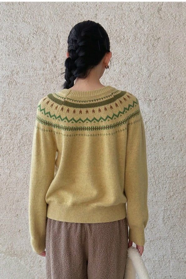 Suéter minimalista suelto de cuello redondo con bloques de color y diseño Fair Isle