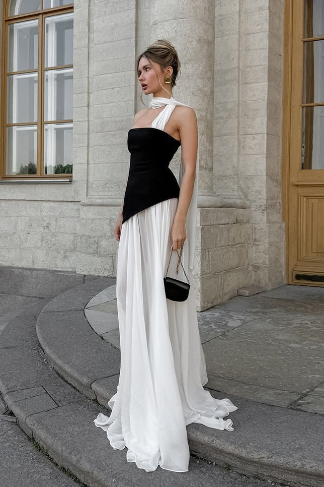 Elegante Vestido Maxi Acampanado con Ribete Ondulado en Bloques de Color
