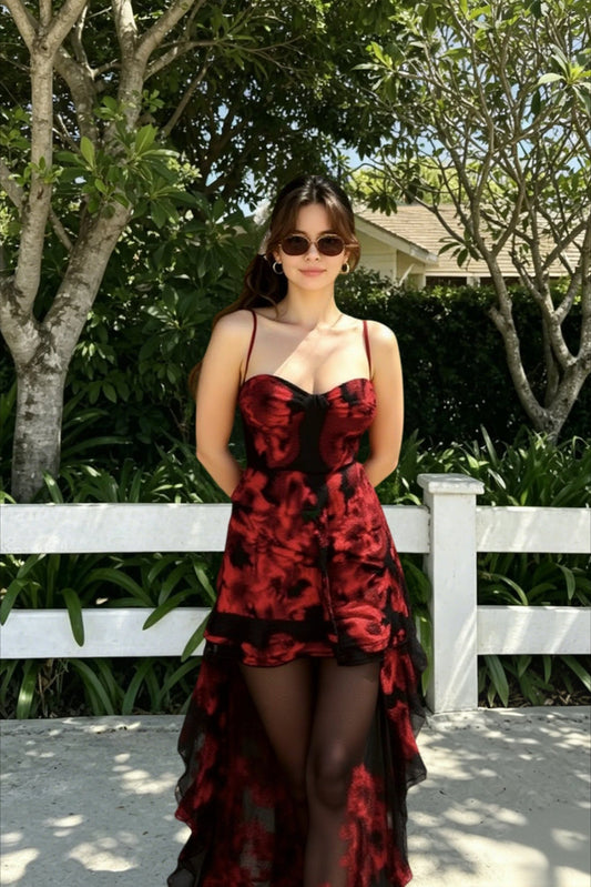 Ruched Low-Neck Floral Dress