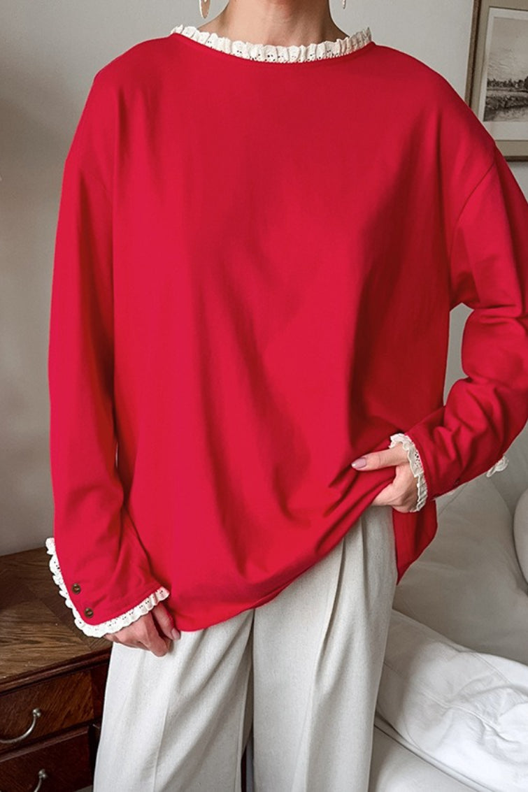 Camiseta de manga larga con cuello redondo, paneles y ribete con volantes
