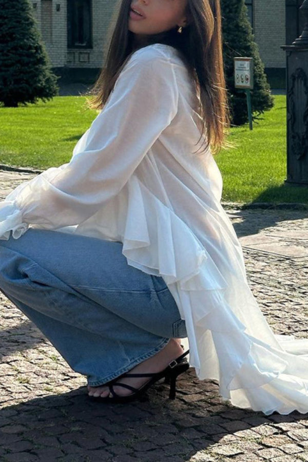 Solid Color V-neck Long-sleeved Ruffled Hem Long Shirt Top