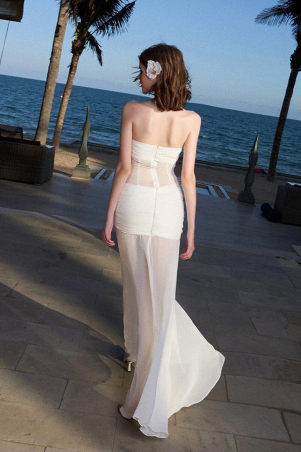 Vestido maxi bandeau de malla transparente lisa