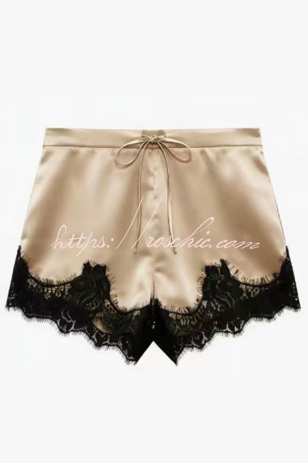 Stylish Satin Lace-trimmed Casual Drawstring Shorts