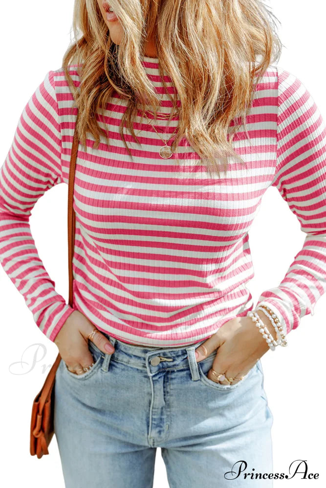 Arm Design Long Textured Pink Knit Striped Tee