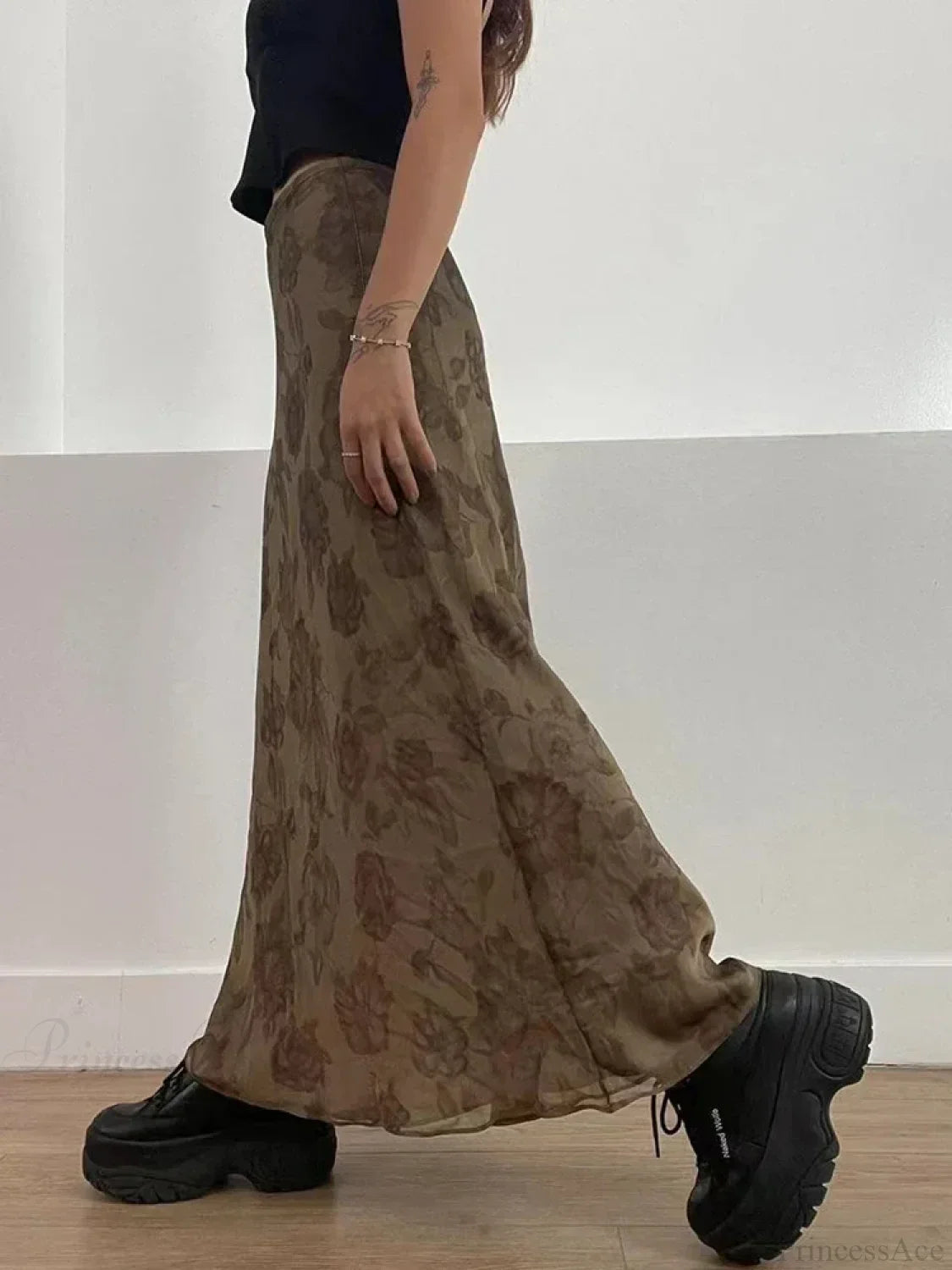 Autumn Long Skirt Vintage Floral Print Low Rise Skirt