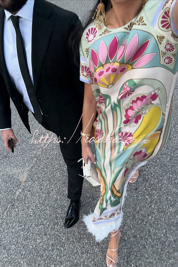 Jazlynn Satin Colorful Baroque Style Printed Short Sleeve Feather Trim Maxi Dress