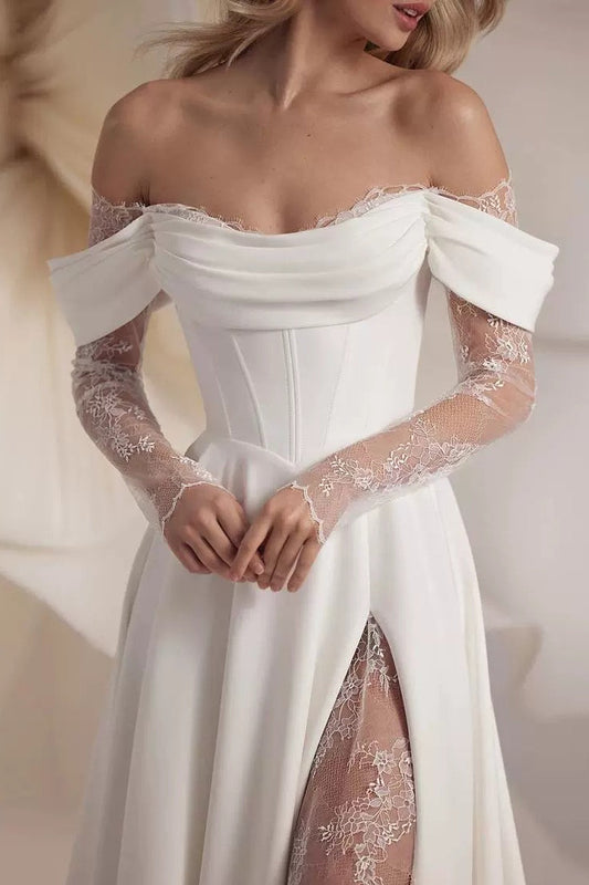 Off Shoulder Train Elegant White Wedding Dress