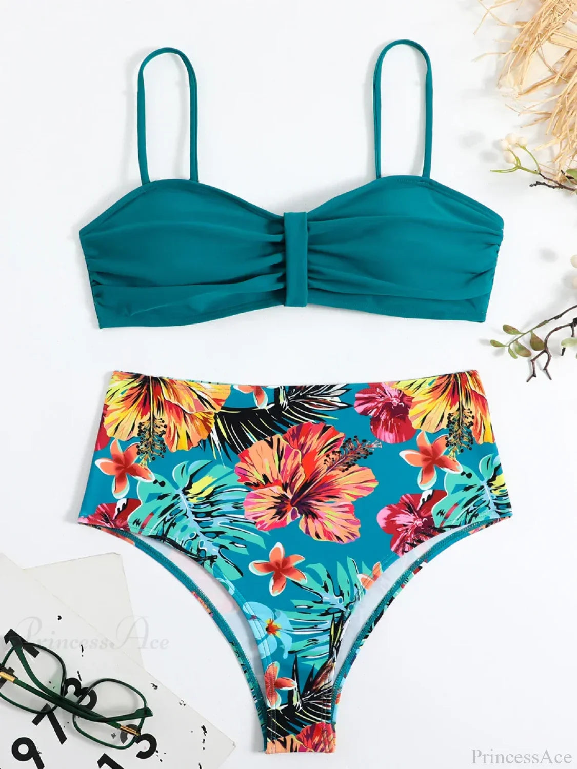 Conjunto de dos piezas de top bandeau tropical con lazo trasero y push-up