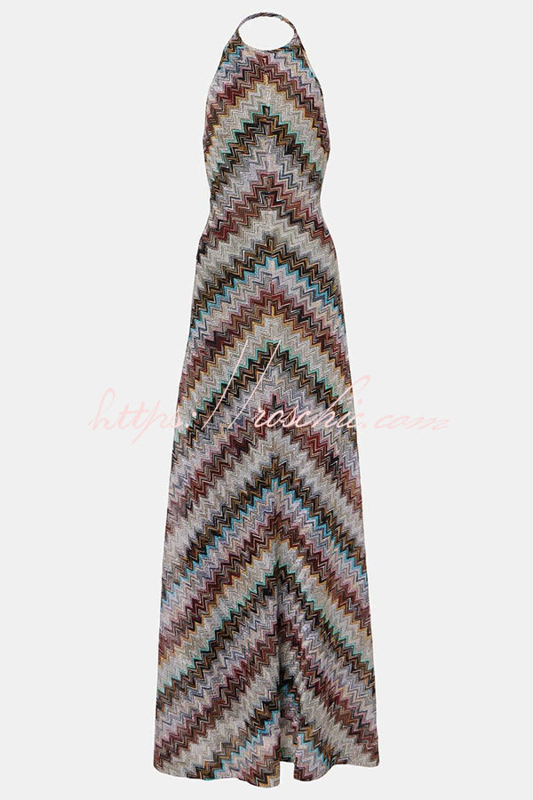 Jodie Knit Colorful Herringbone Print Halter Open Back Maxi Dress