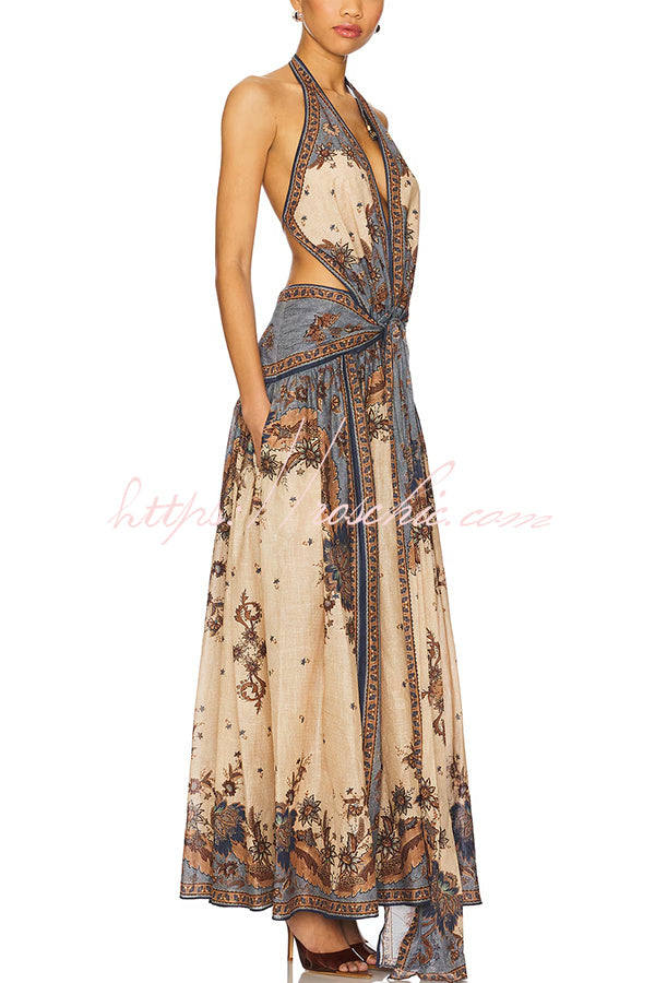 Chapel Linen Blend Floral Print Cutout Tie-up Waist Pocket Halter Backless Maxi Dress