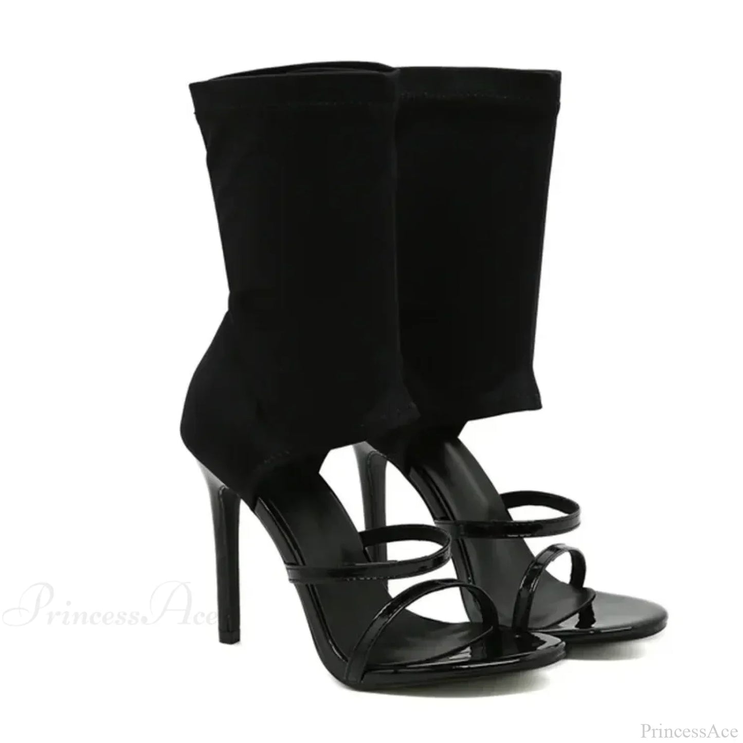 Black Roman Elastic Fabric Sexy Peep Toe Slip-on Thin High Heel Mid Calf Cool Booties Modern High Heel