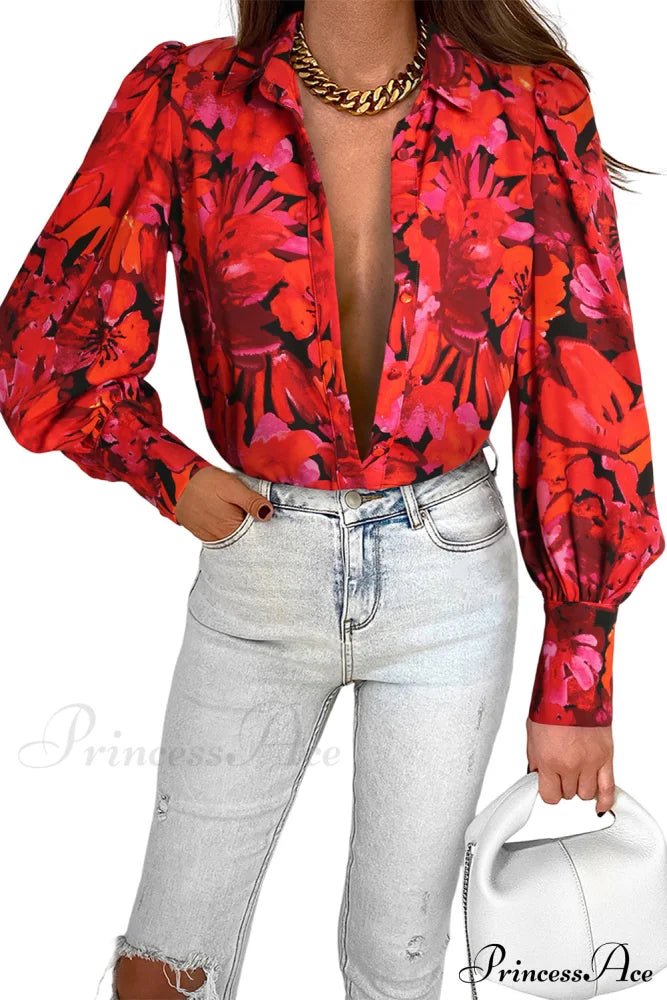 Blouse Lantern Arm Flowered Design in Red