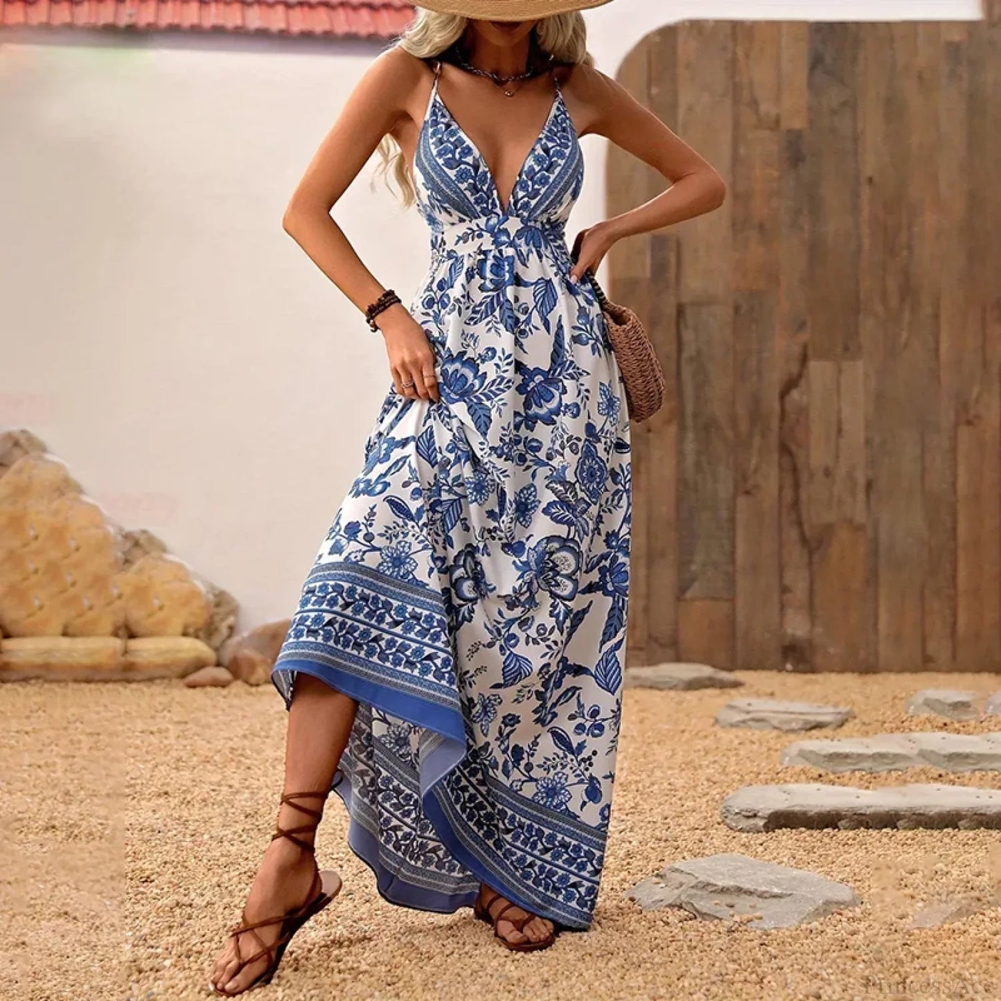 Blue White Porcelain Chiffon Floral Mini Dress