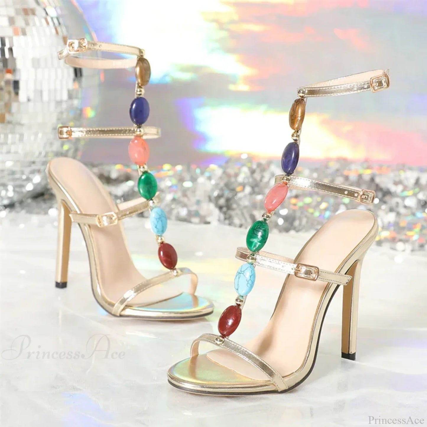 Bohemian Colourful Gem Strap Gladiator High Heels Open-Toe Wedding Banquet SummerFashion High Heel