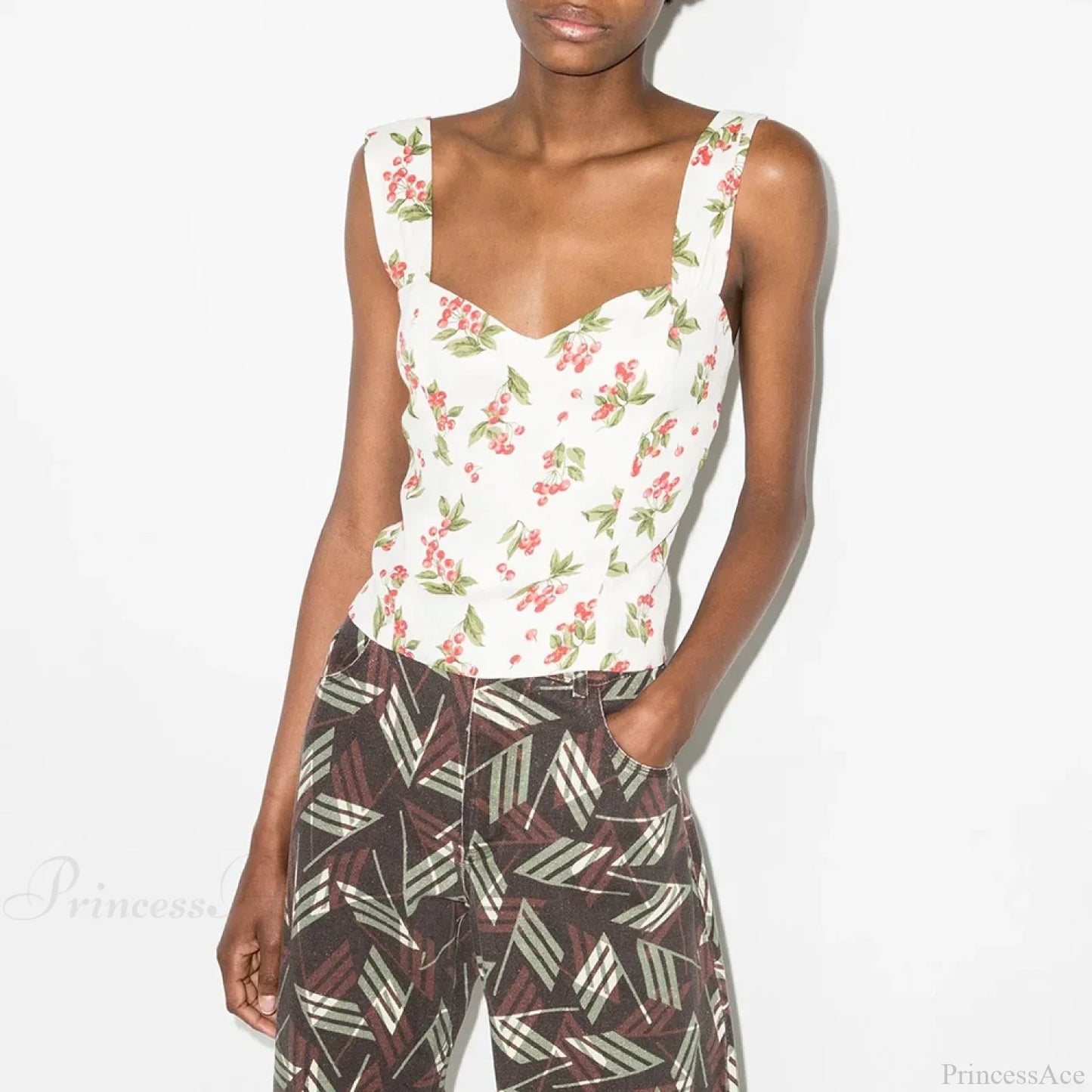Boho Beach Vacation Floral Sweetheart Wide Strap Sleeveless Slim Crop Top