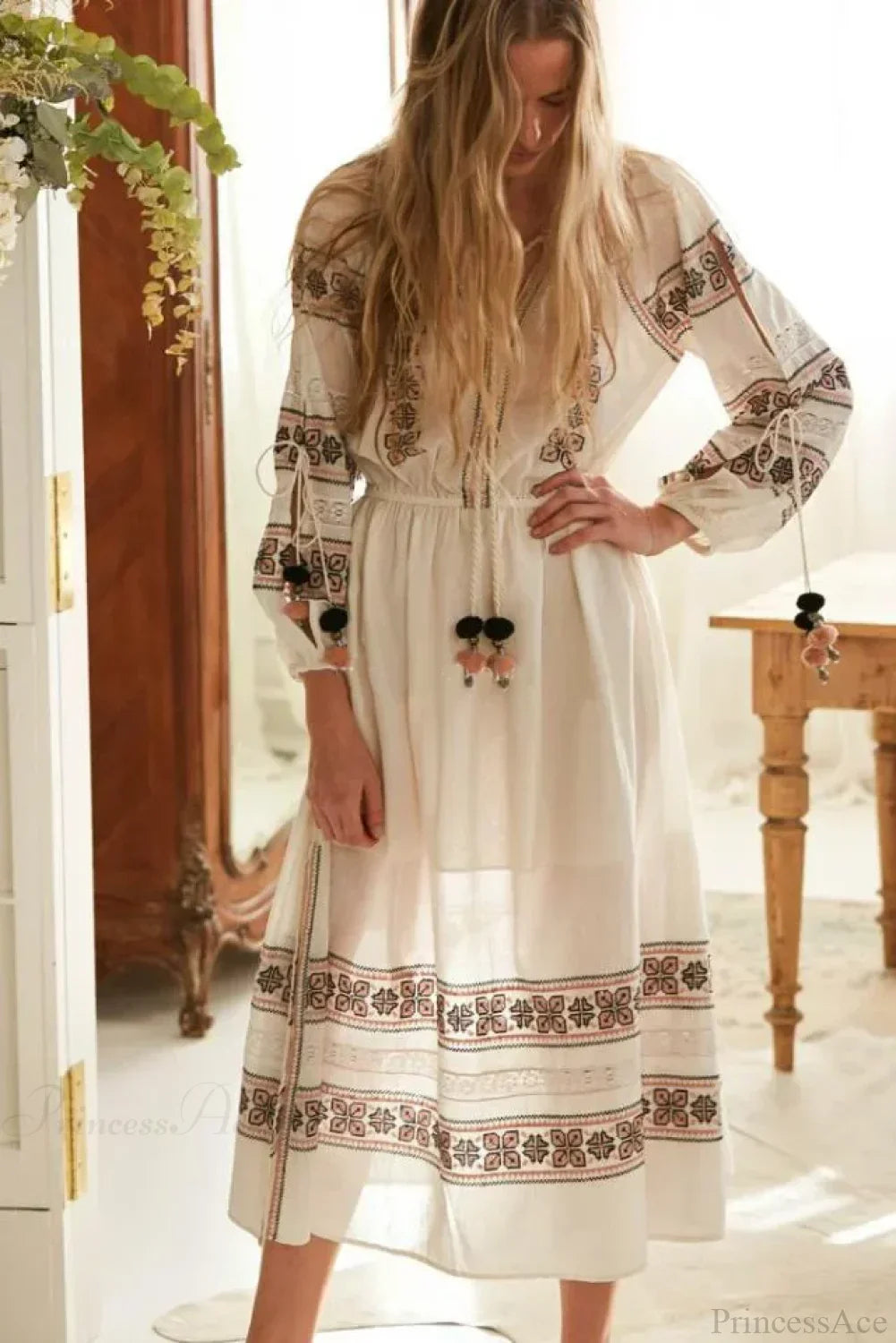 Boho Blue/White Cotton Rayon Maxi Dress