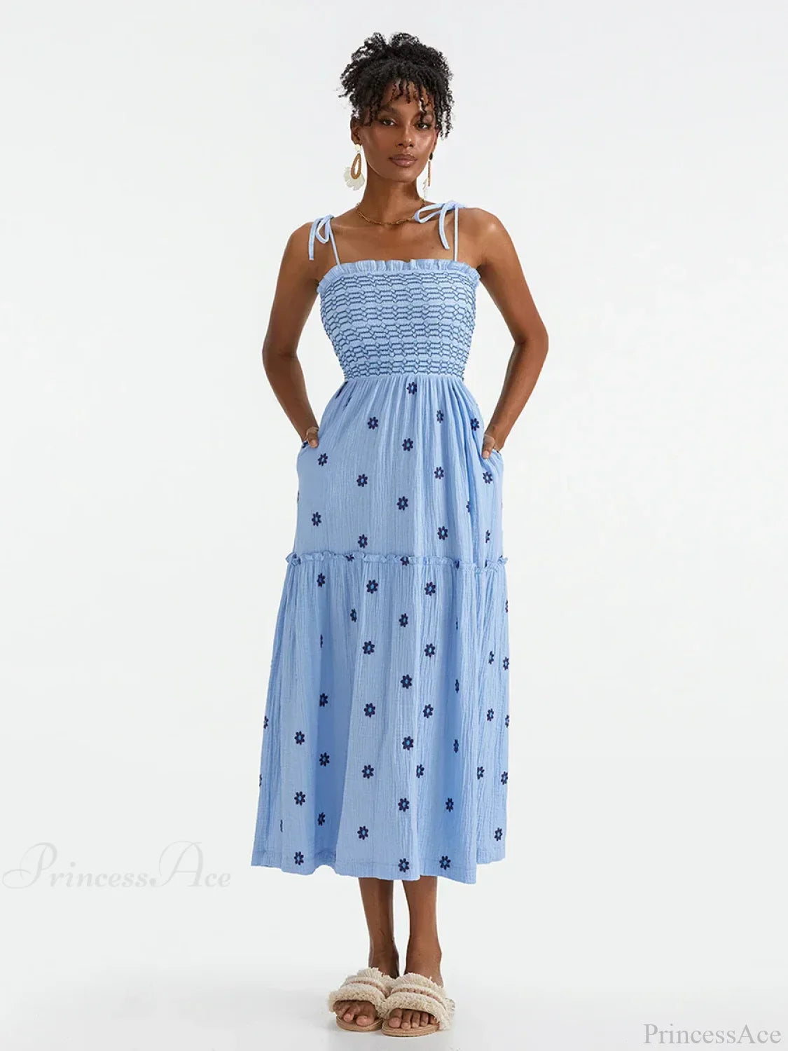 Boho Summer Flower Embroidery Tie-Up Shoulder Shirred A-Line Beach Dress