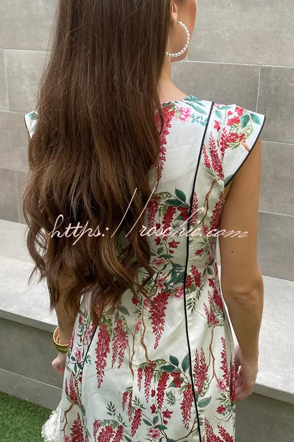 Kaydien Linen Blend Floral Print Contrast Princess Line Short Sleeve Maxi Dress