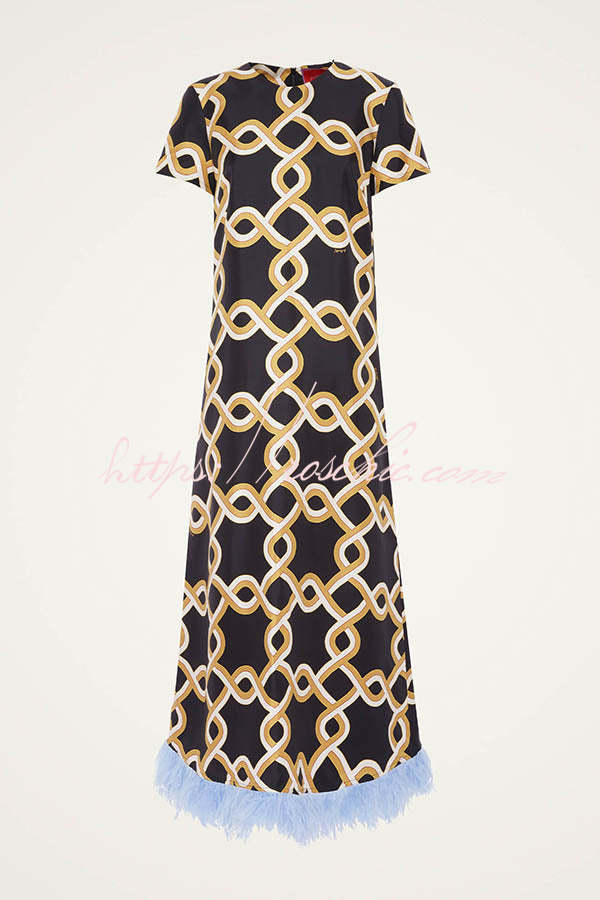 Annalisa Satin Court Style Contrast Color Printed Short Sleeve Pocket Feather Trim Maxi Dress