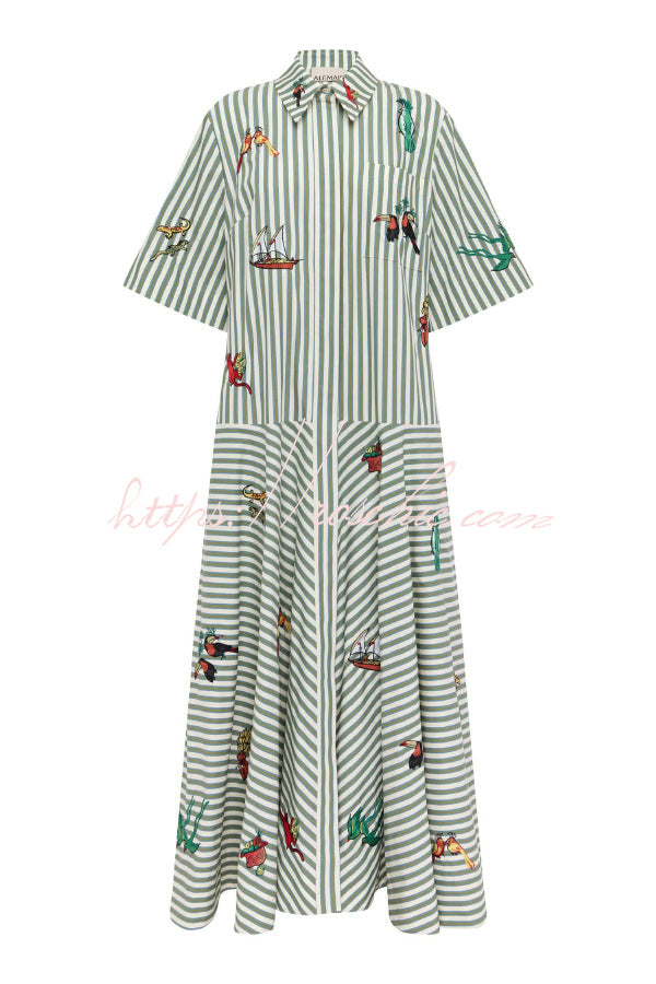 Linen Blend Striped Print Collared Short-sleeved Fitted Waist Belted Casual Maxi Dress