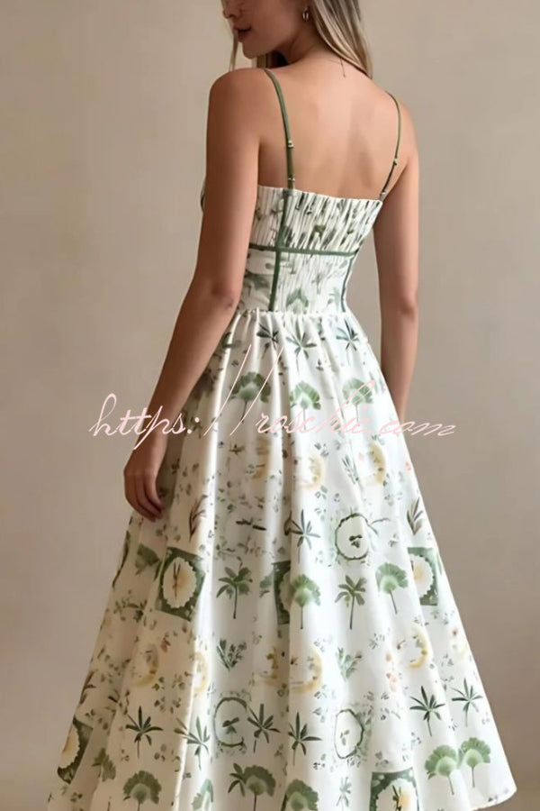 Unique Printed Thin-strapped Pleated Waist Casual Maxi Dress