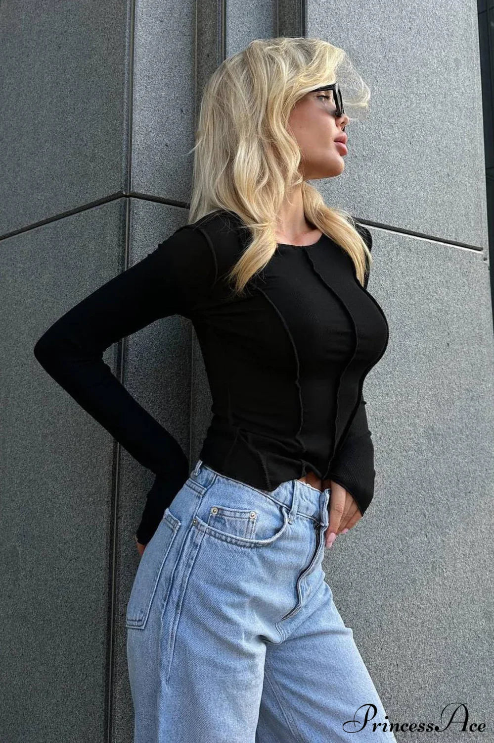 Color Block Ribbed Slim Crew Neck Long Sleeve Tee