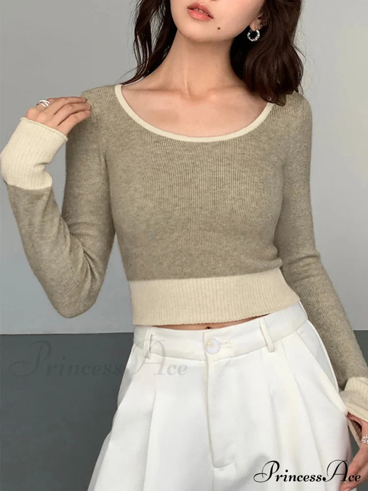 Contrast Hem Long Trendy Sleeve Crop Knit Top