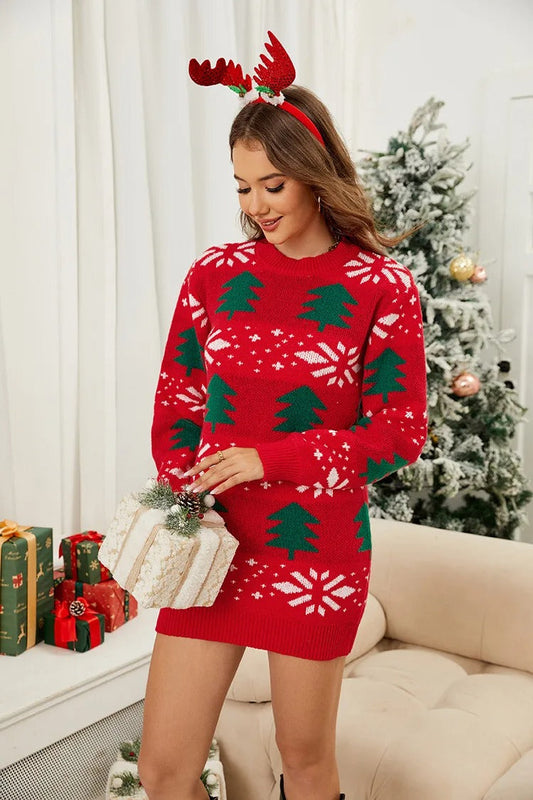 Knit Christmas Tree Print Fitted Mini Dresses