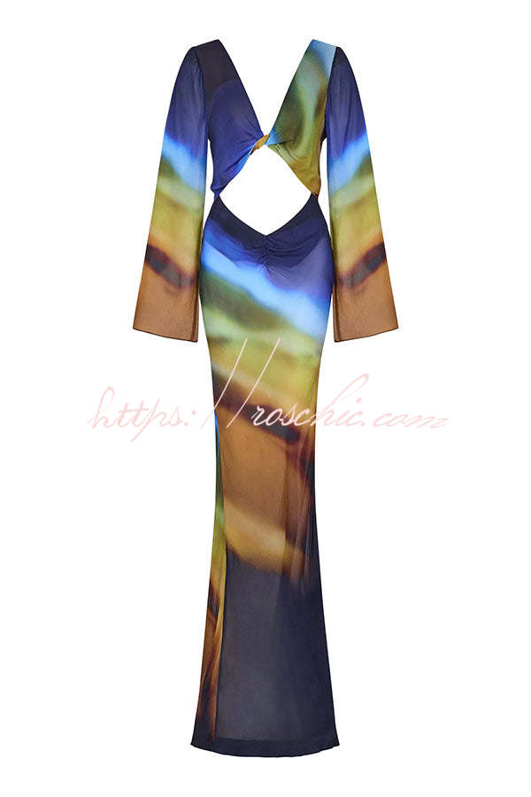 Medellin Neon Print Cowl Neck Twist Detail Long Sleeve Vacation Maxi Dress