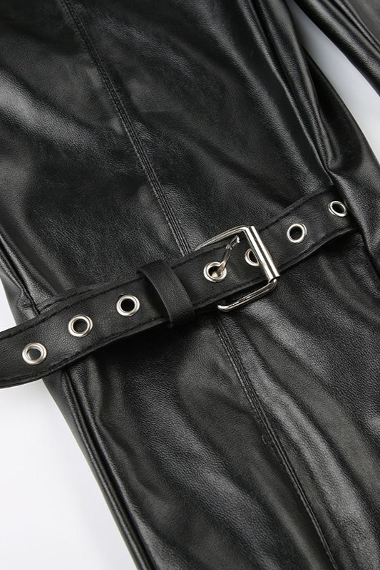 Gothic Eyelet Buckle Lace Panel Leather Flared Low Waist Pants