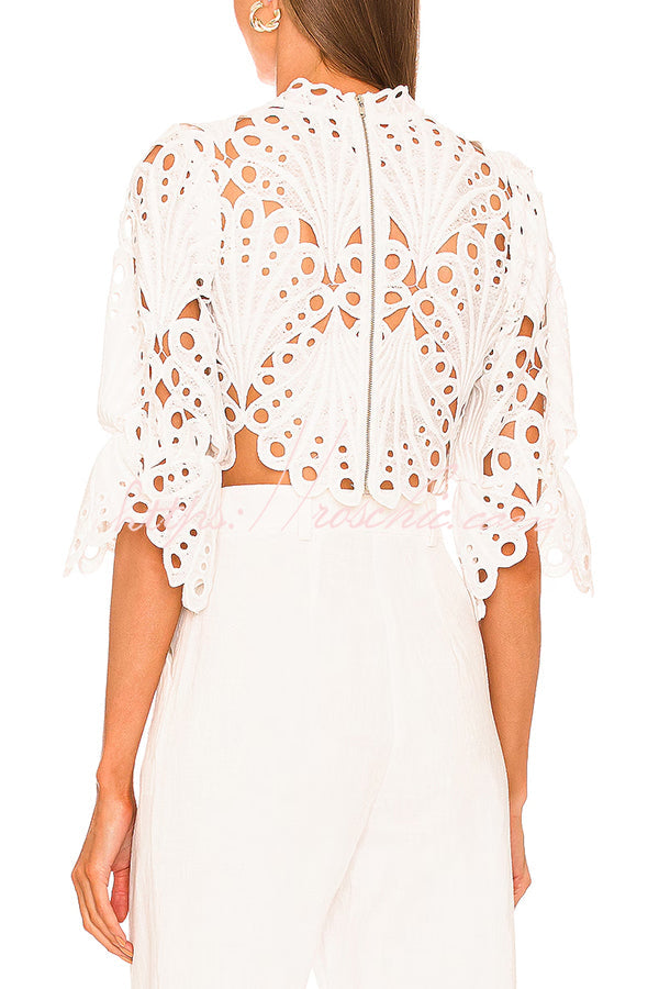 Fiji Embroidered Cutout Scallop Pattern High Neck Half Puff Sleeve Crop Top